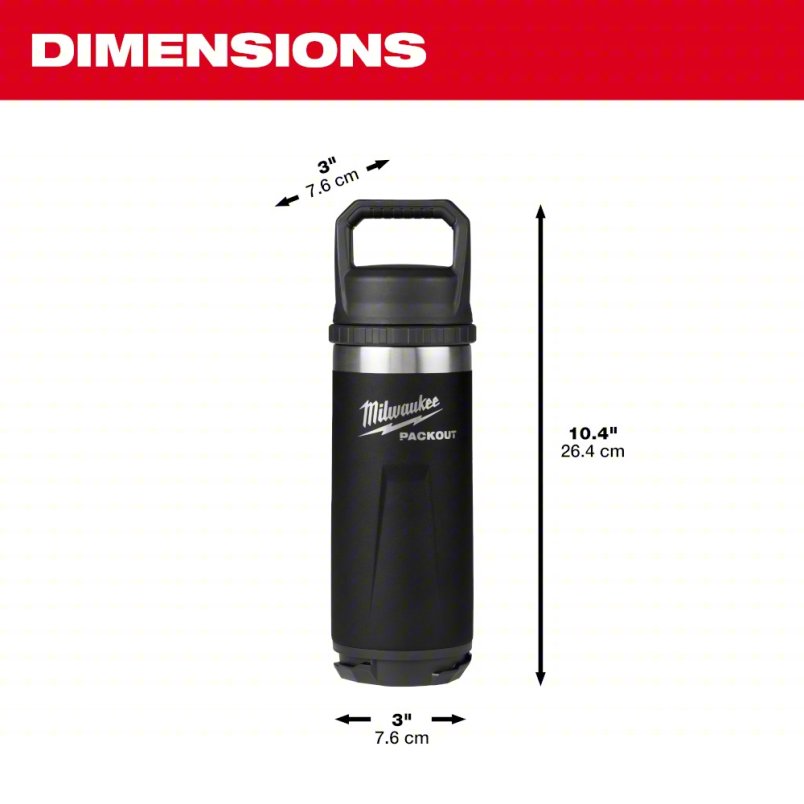 MILWAUKEE Insulated Bottle: 18 oz Capacity, Black, Metal, 10 3/8 in Overall Ht, Bottle