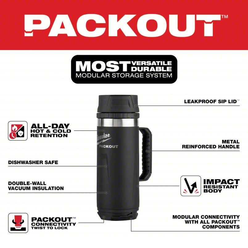 MILWAUKEE Insulated Bottle: 18 oz Capacity, Black, Stainless Steel, 9 in Overall Ht, Bottle