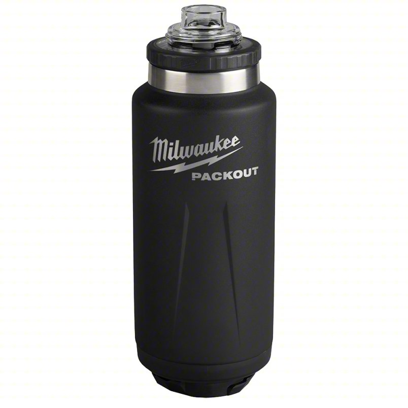 MILWAUKEE Insulated Bottle: 36 oz Capacity, Black, Metal, 12 1/2 in Overall Ht, Bottle