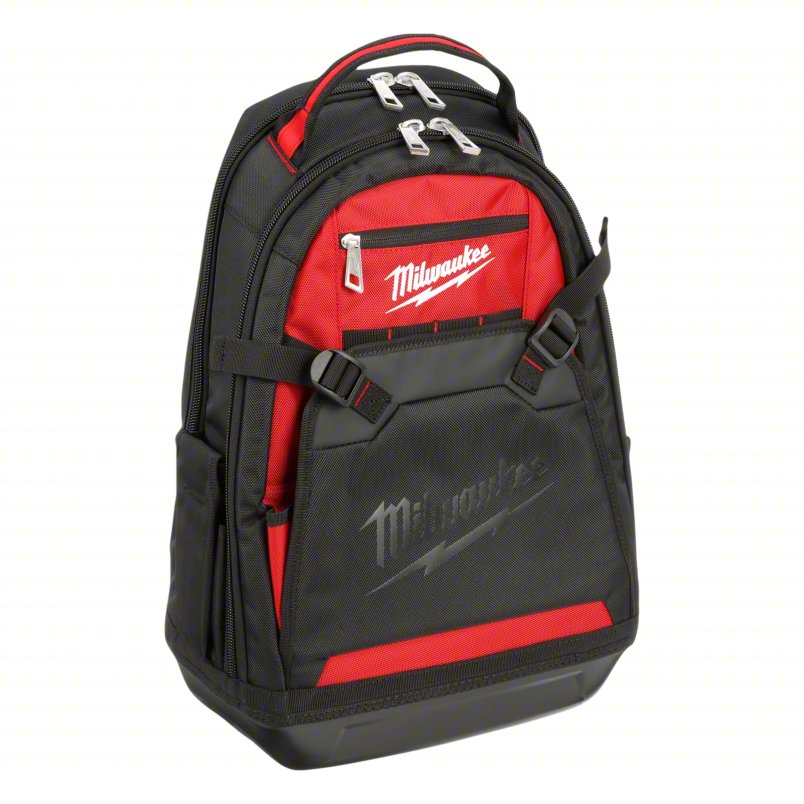MILWAUKEE Tool Backpack: 15 7/16 in W 9 in D 24 1/4 in H, Ballistic Nylon, Black/Red