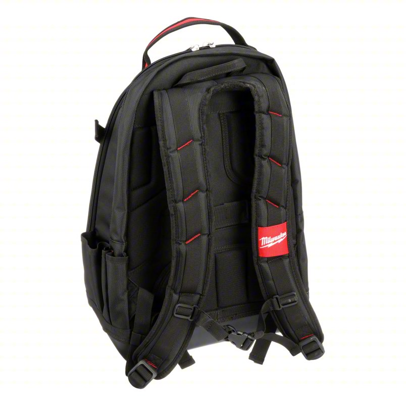 MILWAUKEE Tool Backpack: 15 7/16 in W 9 in D 24 1/4 in H, Ballistic Nylon, Black/Red